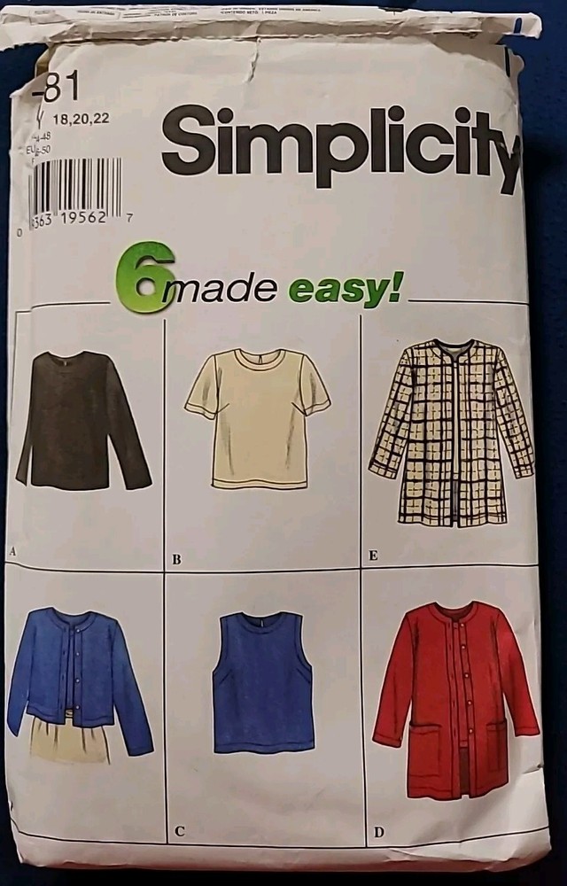Sewing Pattern Simplicity 7381 Pullover Top and Jacket Size 18 to 22