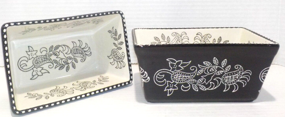 Lot 2 BAUM Small Rectangular LOAF Bakeware Dish Black White PAISLEY 6.5x4x3 *EUC