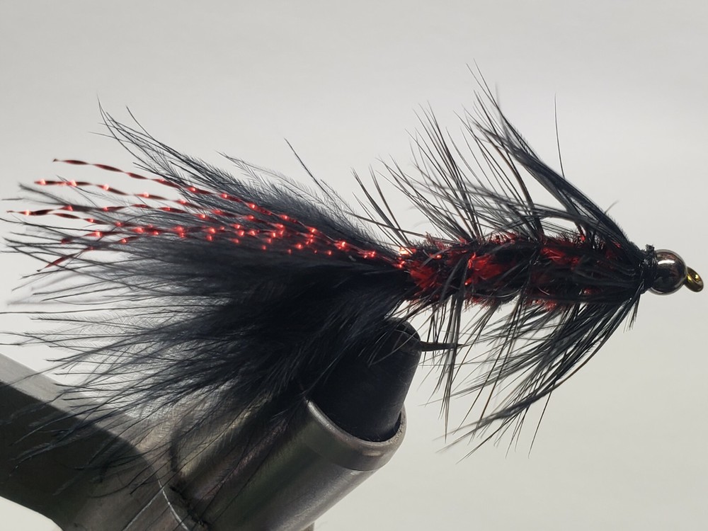 Woolly Bugger Black with Red Flash Bead Head Size 6 (per 3)