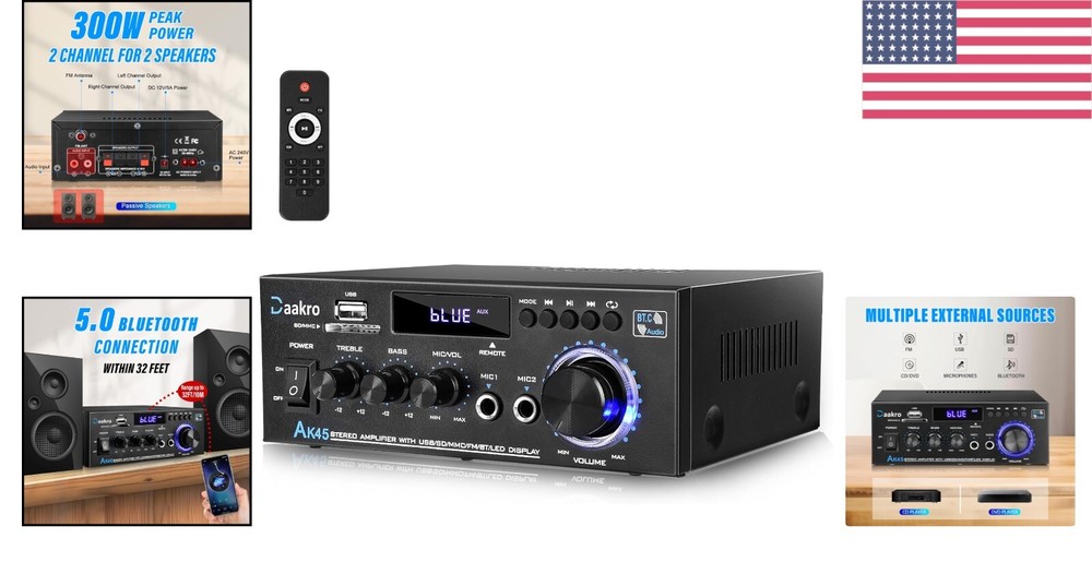Compact 300W Home Audio Amplifier with Bluetooth & Remote Control Functionality