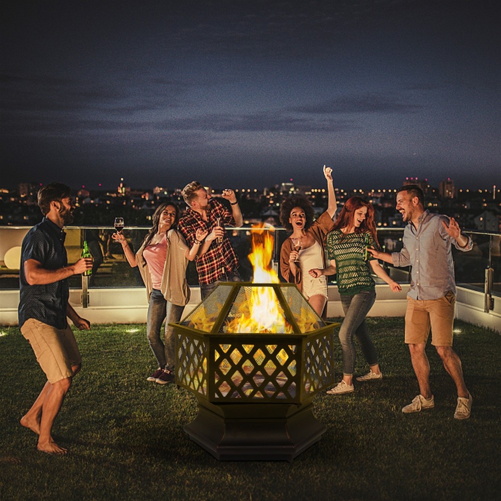 22" Hexagonal Shaped Iron Brazier Wood Burning Fire Pit Decoration