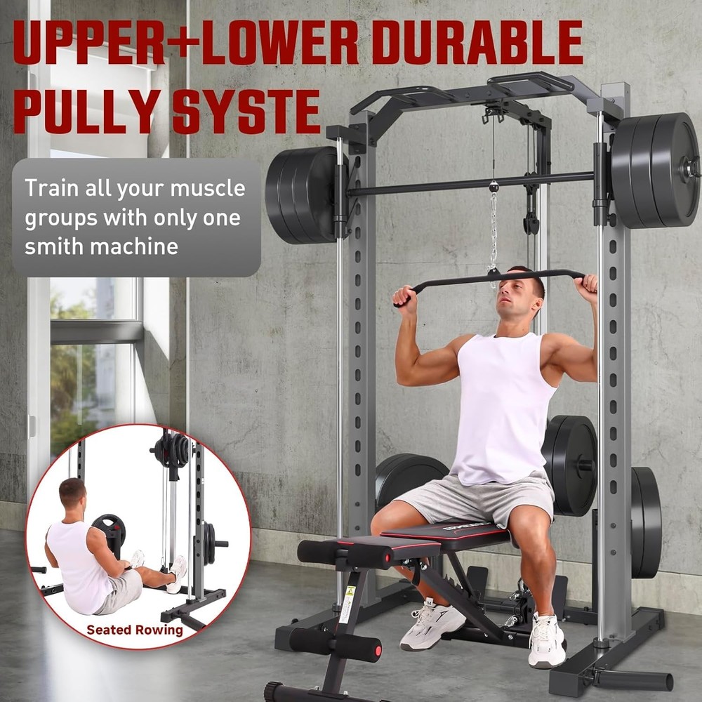 1400 Lbs Power Cage Smith Machine Multi-Function Squat Rack with LAT-Pull Down🔥