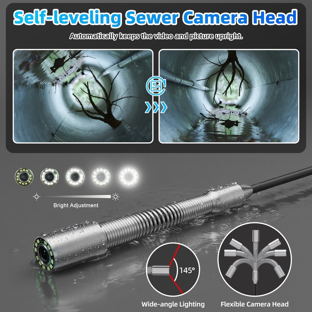 10" Self-leveling Sewer Camera 165FT Pipe Inspection Borescope w/ Meter Counter