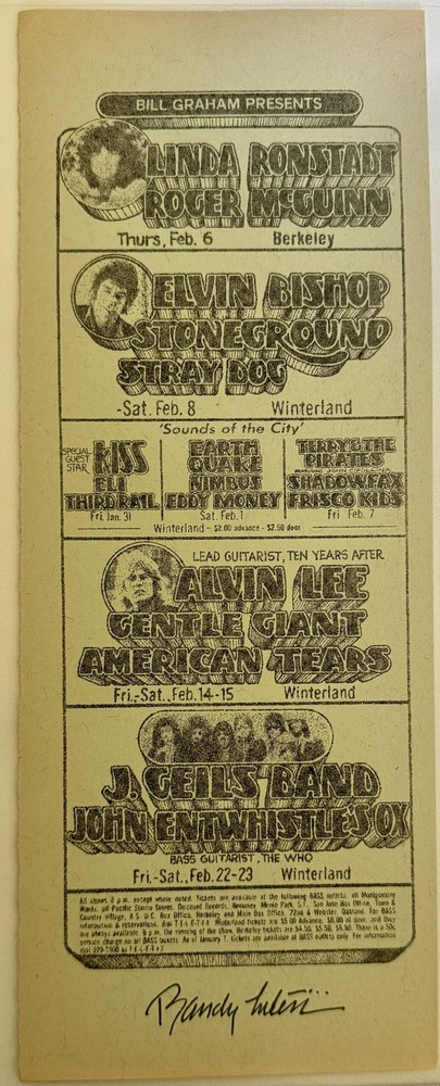 Kiss Linda Ronstadt Concert Handbill 1975 California signed Randy Tuten