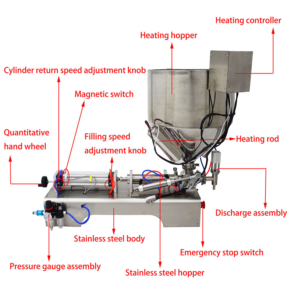 110V 100ml-1000ml Pneumatic Paste liquid Heating Filling Machine Single Nozzle