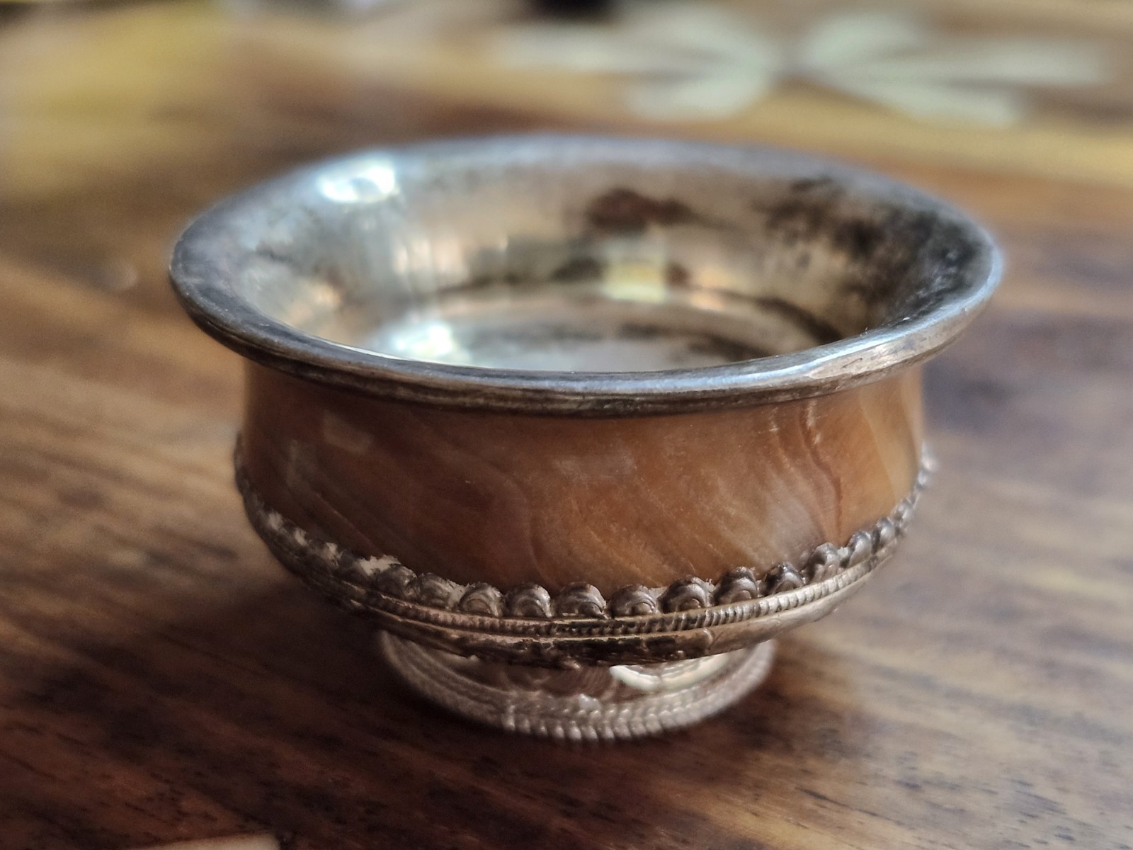 Tibetan Jha Phor Silver & Carved Stone Ritual Tea Bowl 2” Nepal 57.94 Grams