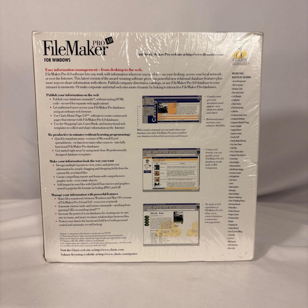Claris FileMaker Pro 4.0 for Windows Vintage Database Software New Sealed Box