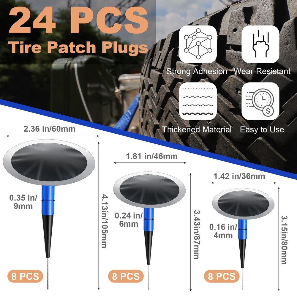 Tire Repair Patch Kit 24PCS Plugs, Roller, Buffing Wheel, Drill Bits