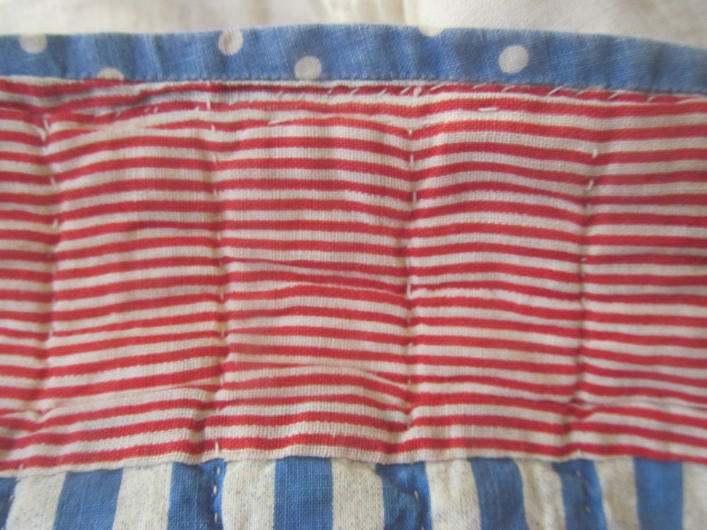 1940s Vintage FOUR PATCH on POINT Handmade Quilt~Tiny Red Stripe & Blue Binding