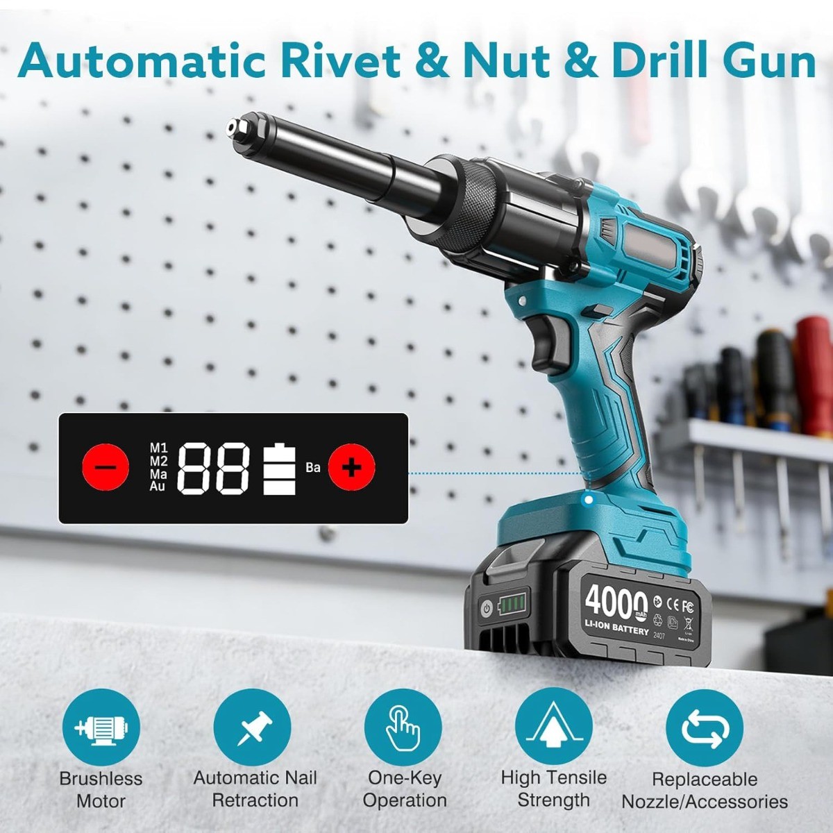 Seesii Battery Powered Pop Rivet/Nut Gun Cordless (10-24" & 1/4" & 5/16" & 3/8")