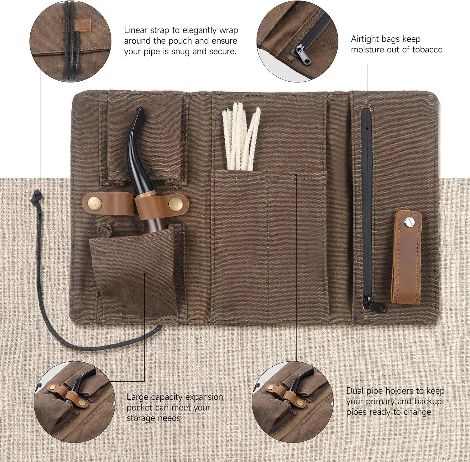 Waxed Canvas Tobacco Smoking Pipe Pouch with Leather Pipe Stand Travel Pipe Case