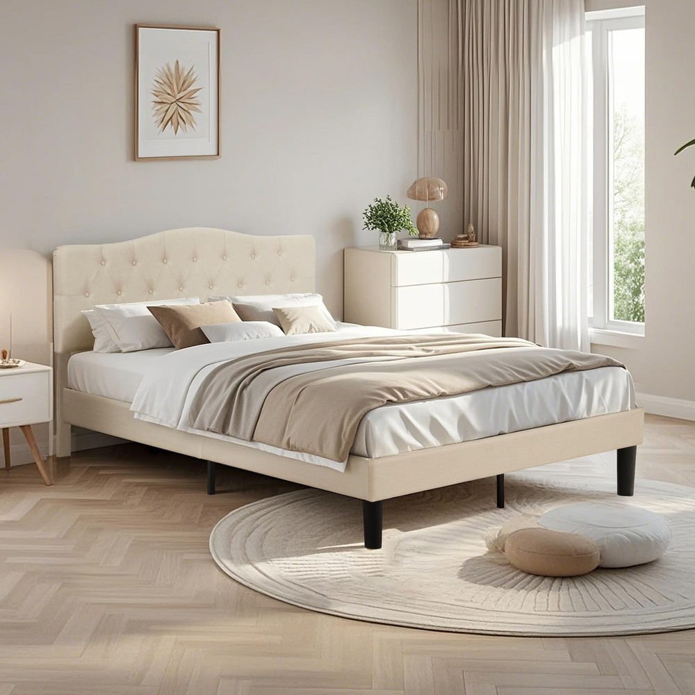 Vecelo Queen Platform Bed Frame - Beige Upholstered Headboard