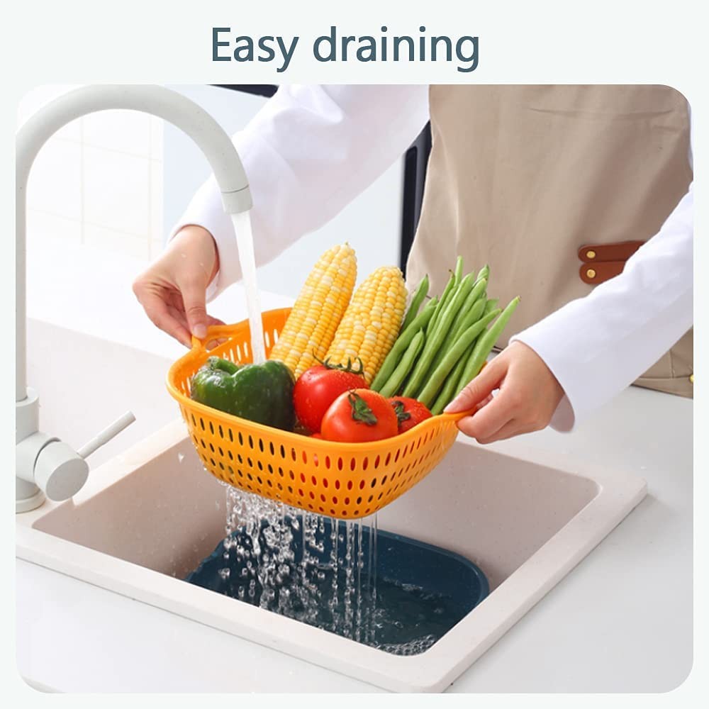 Blue Yellow Vegetable Washing Baskets Multi-Layer Stackable Colander Set Tool