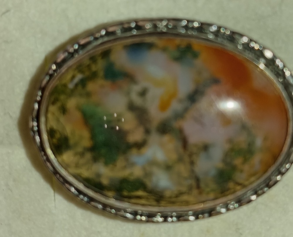 Vintage Silver & Moss Agate Brooch
