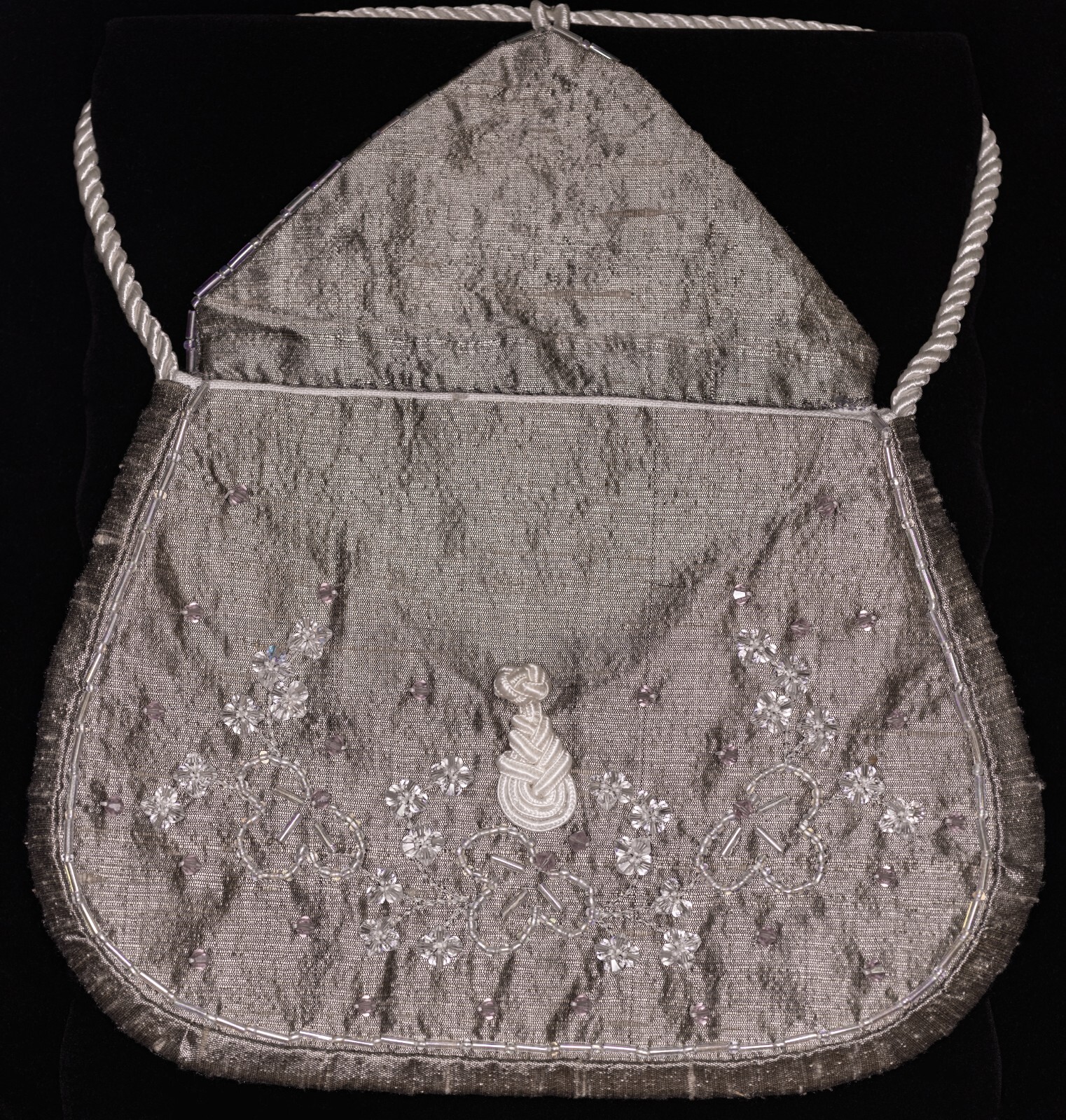 Godey’s 1861 Hand-Beaded Swarovski Reproduction Reticule-Gray Real Silk-New