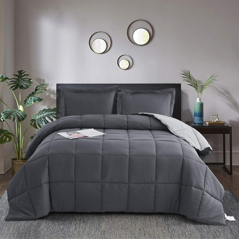 3Pc Grey Queen Size Comforter Set - All Season Reversible down Alternative Comfo