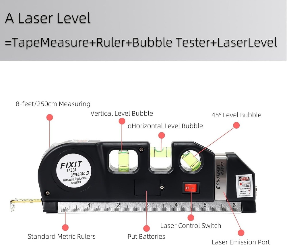 Multipurpose Laser Level Tool with 8ft Measuring Tape for Accurate Home Projects