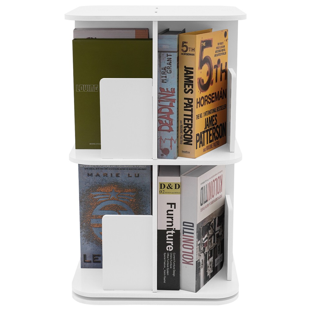 360° Rotating White Bookshelf - 2 Tier Space-Saving Corner Bookcase