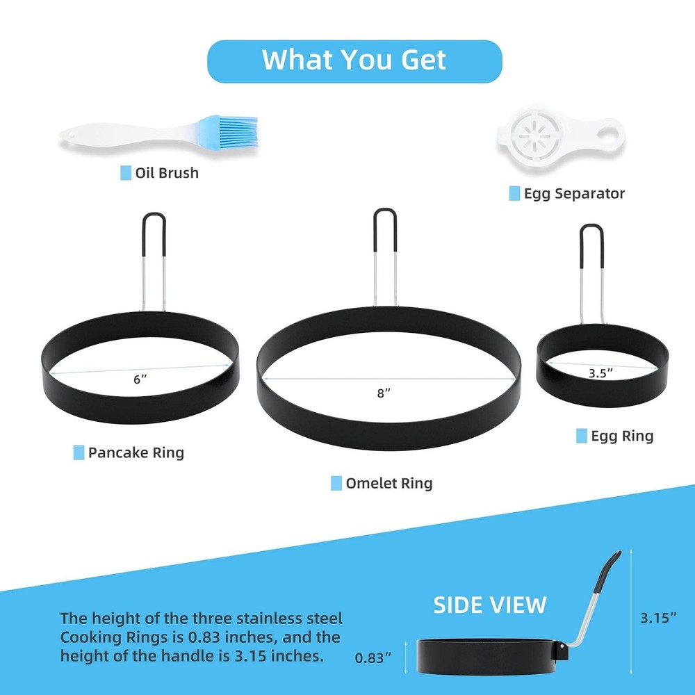 8" Omelet Ring, 6" Pancake Ring, 3.5" Egg Ring for Griddle Frying Eggs (Upgra...