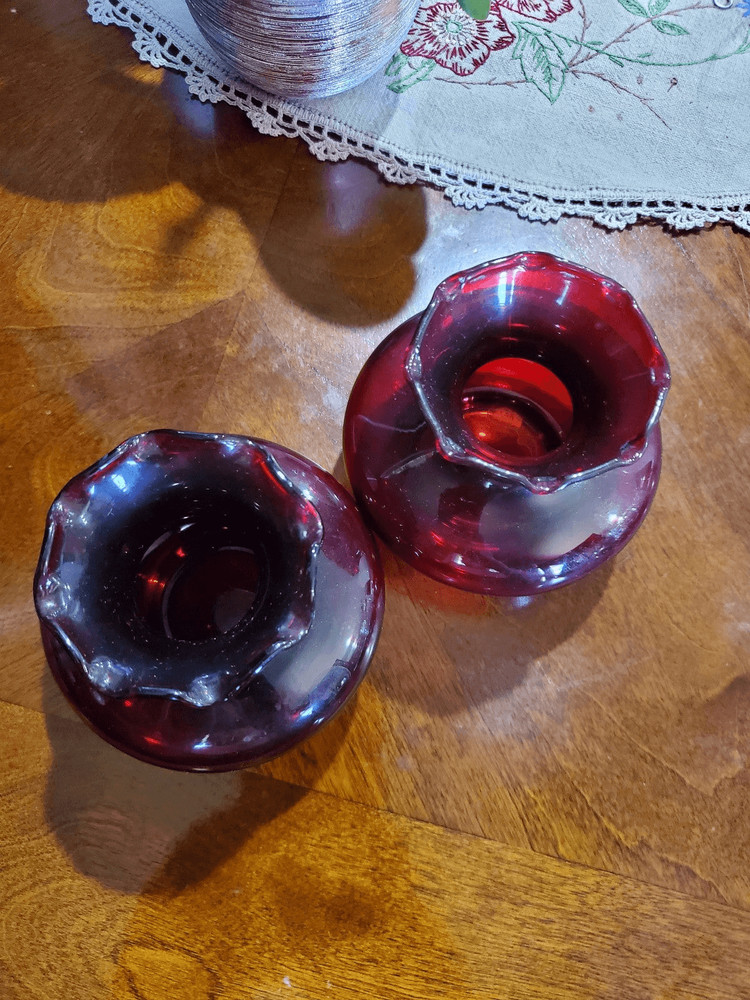 Two anchor Hocking Ruby Red bud vases