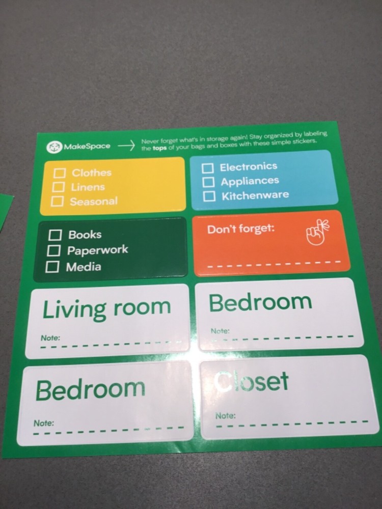 MAKE SPACE HOME STORAGE LABEL PACKING STICKERS 9 SHEETS, 72 STICKERS NEW!