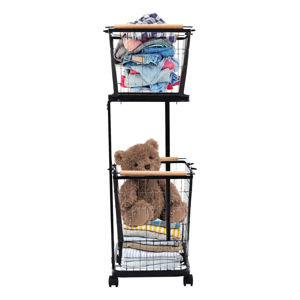 2 Tier Black Laundry Basket Metal Rectangular Laundry Basket With Wheels