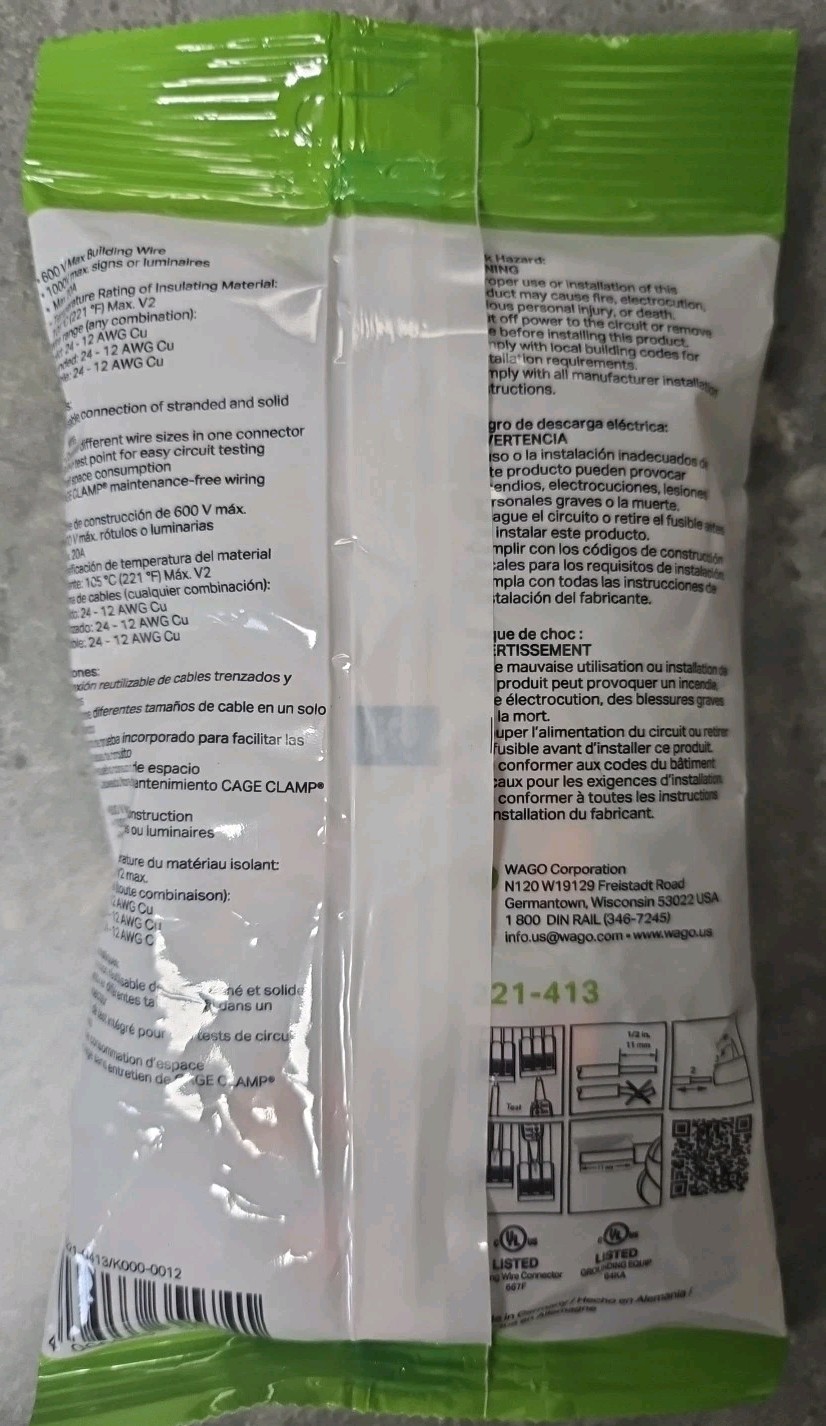 WAGO 221-413 Lever-Nuts 3-Conductor Splicing Connectors, 12-24AWG (50-Pack)