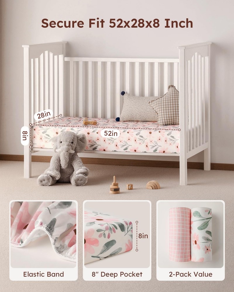 2 Pack Pink Floral Crib Sheets 52x28 Soft Microfiber