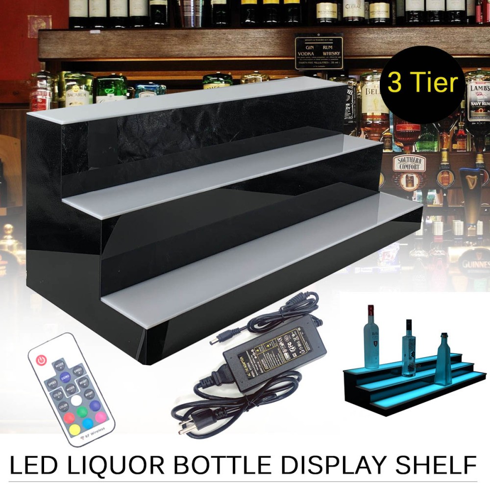 3 Tier LED Lighted Liquor Bottle Display Shelf Back 31" Bar Bottle Display Stand