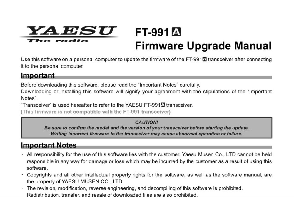 Yaesu FT-991A Transceiver OWNER'S MANUAL and REFERENCE MANUAL