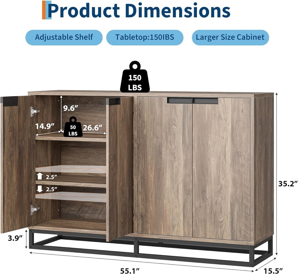 Multi-Space Sideboard W/ Doors & Adjustable Shelves, Elegant Storage for Kitchen