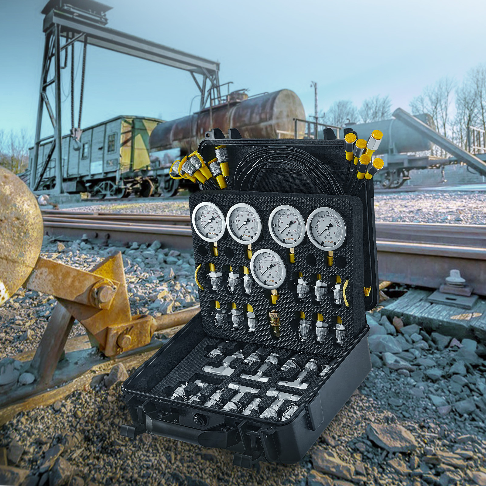 Hydraulic Pressure Test Kit 5 Gauges 13 Couplings 14 Tee Connectors 5 Hose