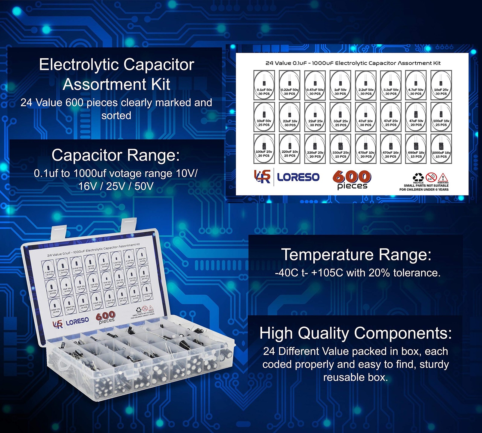 Electrolytic Capacitor Assortment Kit Box by Loreso 600pcs 24 Value Electrol...