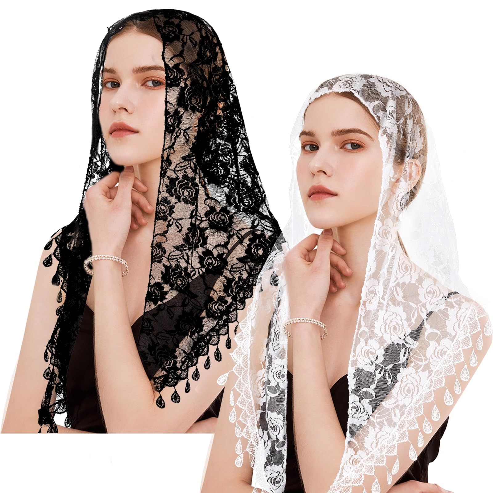 2 Pcs Mass Veil Triangle Mantilla Cathedral Head Covering, Chapel Veil Lace S...