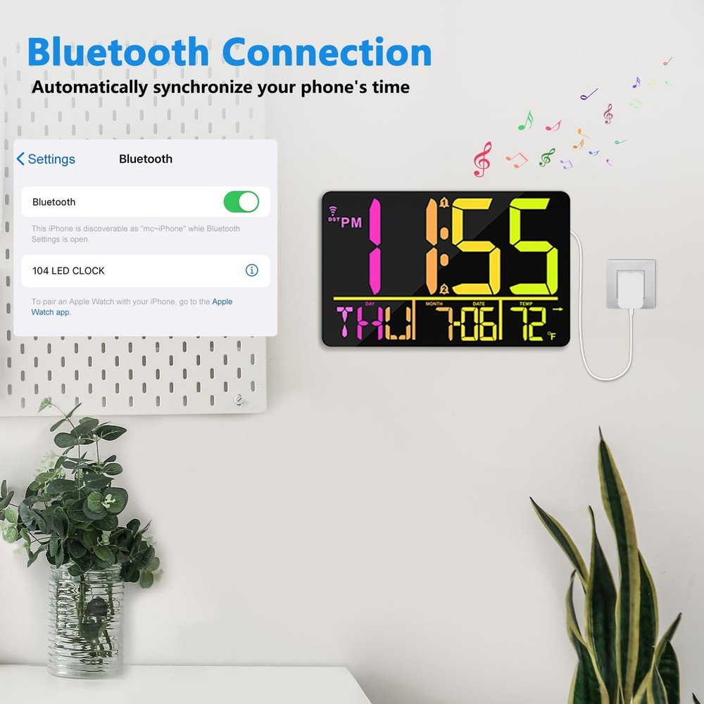 13" Bluetooth Auto Sync Wall Clock- Large Digital Alarm Clock with Remote, RG...