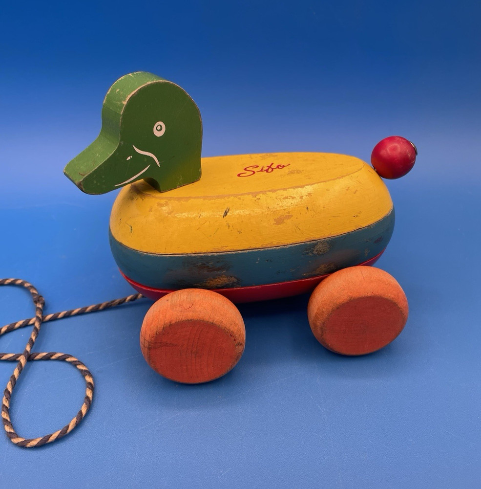 Vintage Stacking Toy Sifo String Pull Duck Wooden 1960’s Waddles when pulled