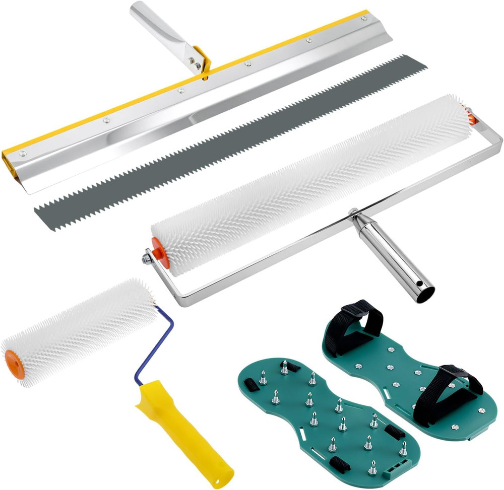 QWORK Self-Leveling Cement Tool Kit, 9" & 20" Spike Rollers with Scraper and Spi