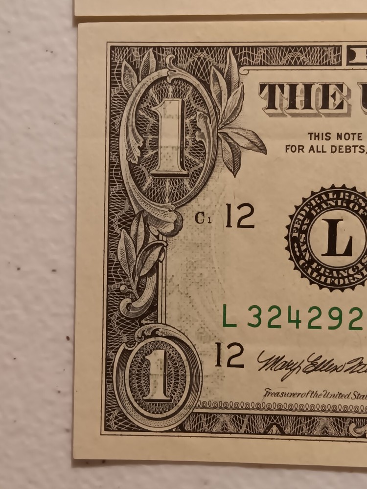 2-Errors Consecutive 1999 $1 Green Seal Federal Reserve Notes- Offset Error