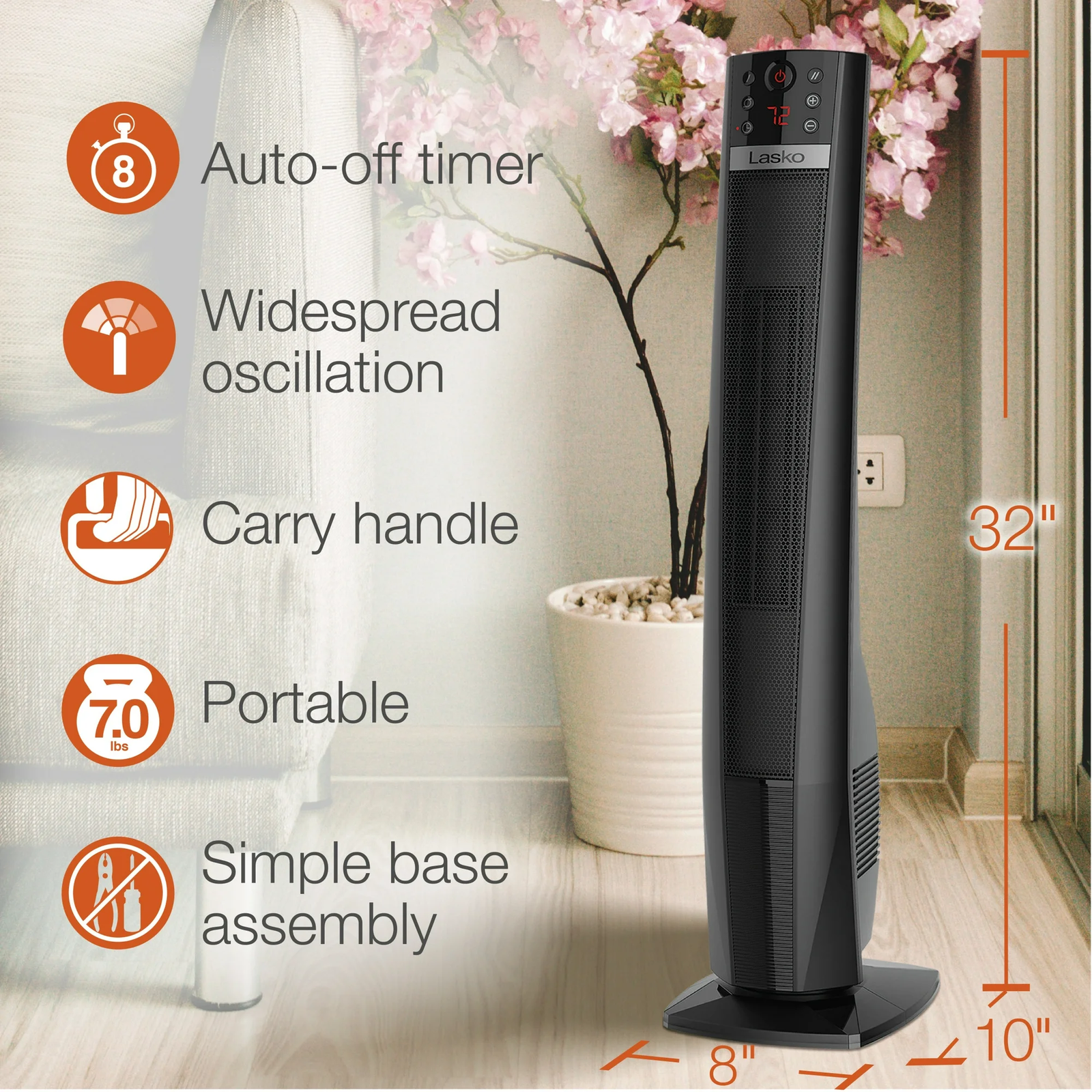 Lasko Oscillating 32" Ceramic Tower Space Heater 1500W Remote Control 8hr-Timer