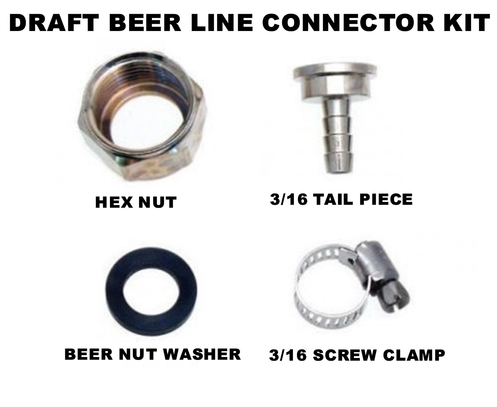 Draft Beer Line Connectors - Clamp Washer Nipple Hex Nut - Kegerator Parts 874-K