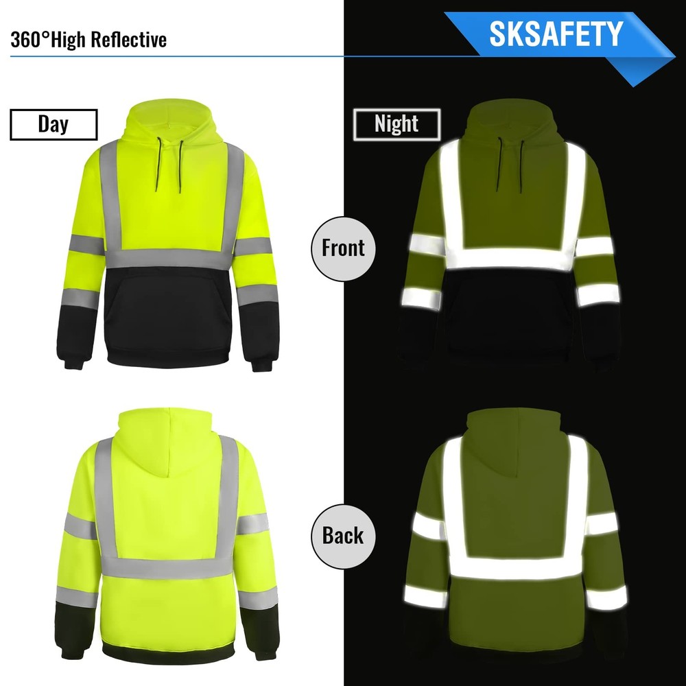 Hi Vis Safety Hoodie Class 3 Reflective Pullover Work Sweatshirt Pockets