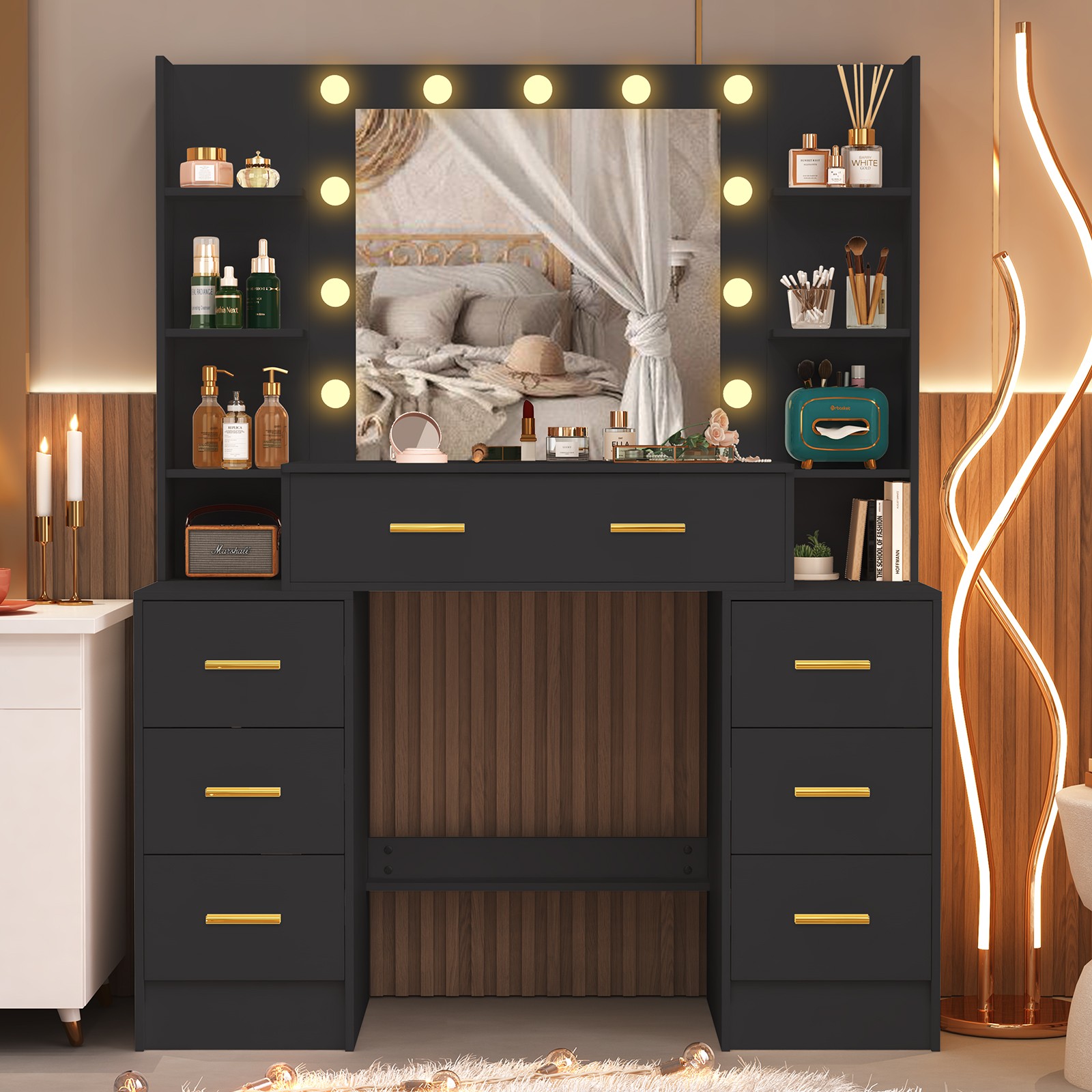 Large Vanity Makeup Table Dressing Desk With 11 LED Lighted Mirror & 7 Drawers