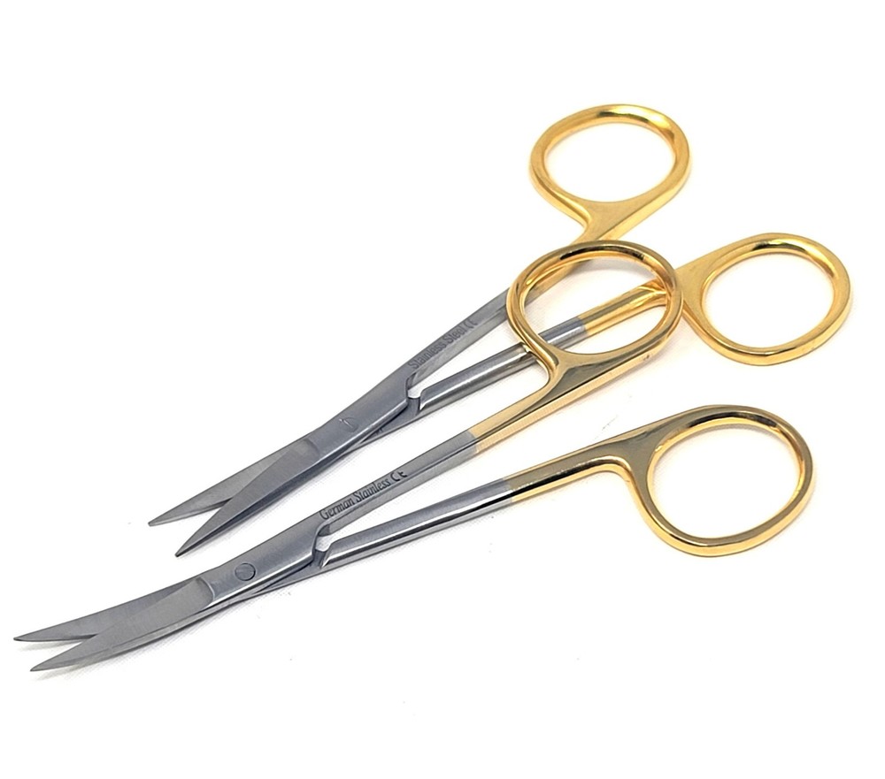 2Pcs Micro IRIS Dissecting Scissors STR + CRV Blades Gold Handle Shears - 4.5"