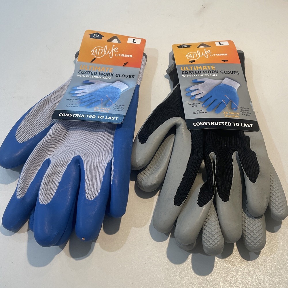 24/7 Life Ultimate Coated Work Gloves Size L 2 Pack Grey/Blue