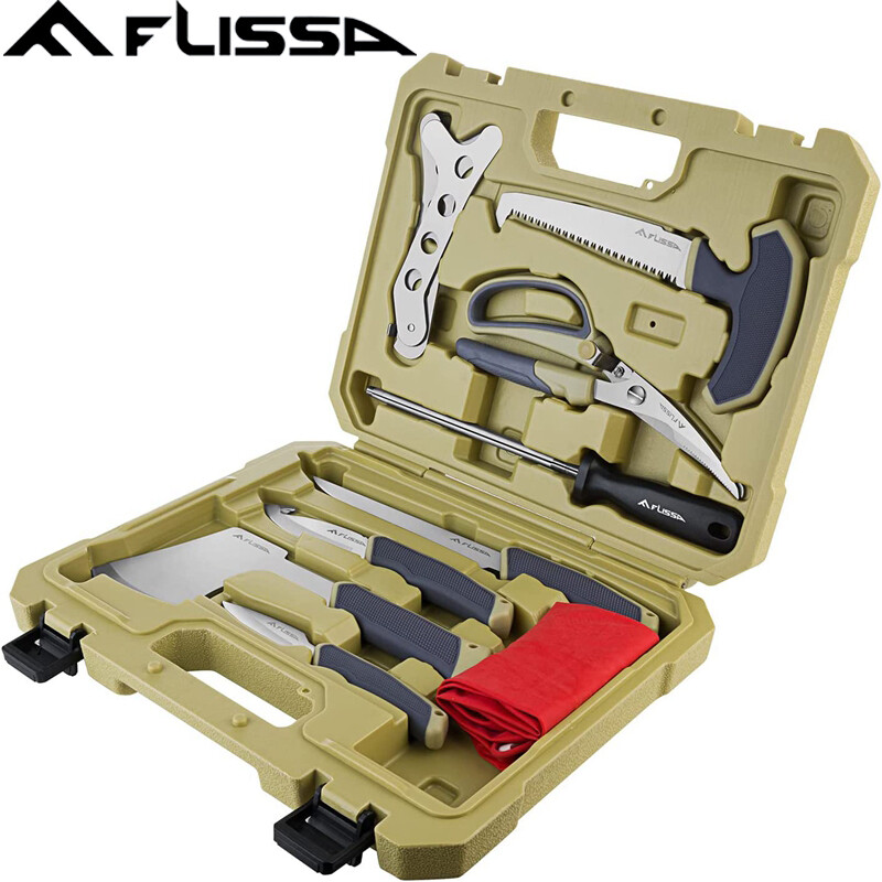 FLISSA 10PCS Hunting Field Dressing Kit Hunting Knife Sets Skinning Knife W/CASE