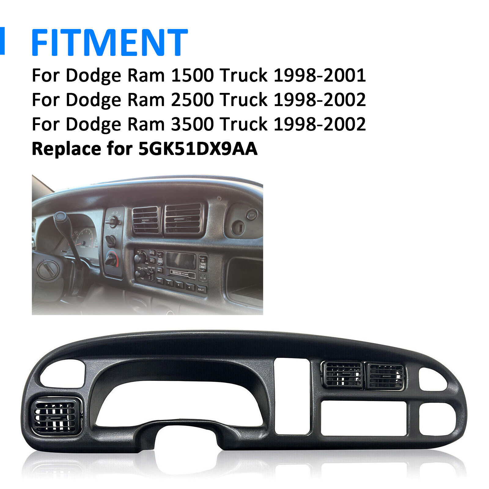 For 98-2002 Dodge Ram 1500 2500 3500 Pickup Black Dash Board Bezel W/ Vents