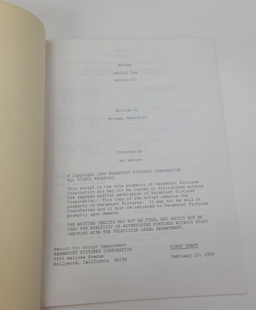 BECKER / Michael Markowitz 1999 TV Script, Ted Danson "Partial Law"