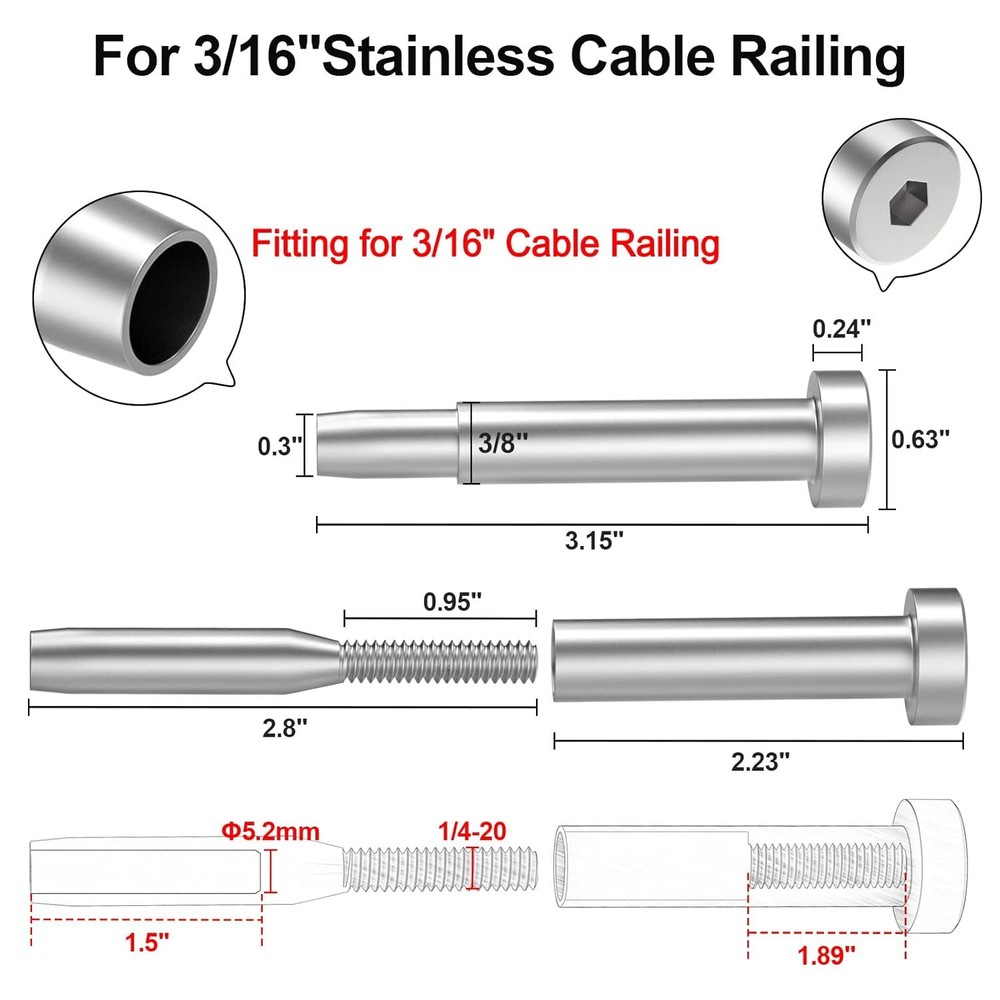 50 Pack 3/16" Invisible Cable Railing Kit Receiver and Swage Stud End Cable