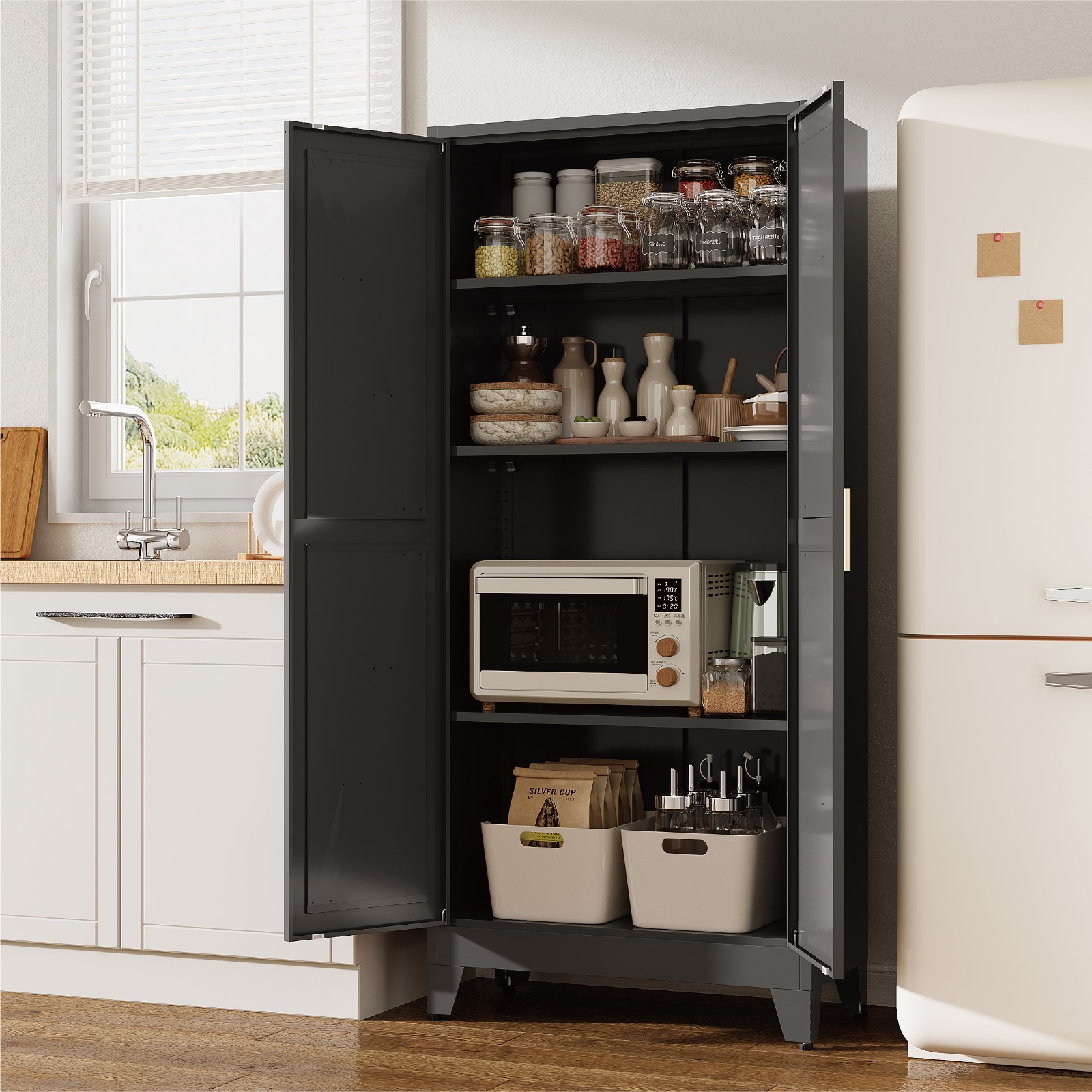 61" Tall Metal Pantry Cabinet, Black Metal Pantry Storage Cabinet