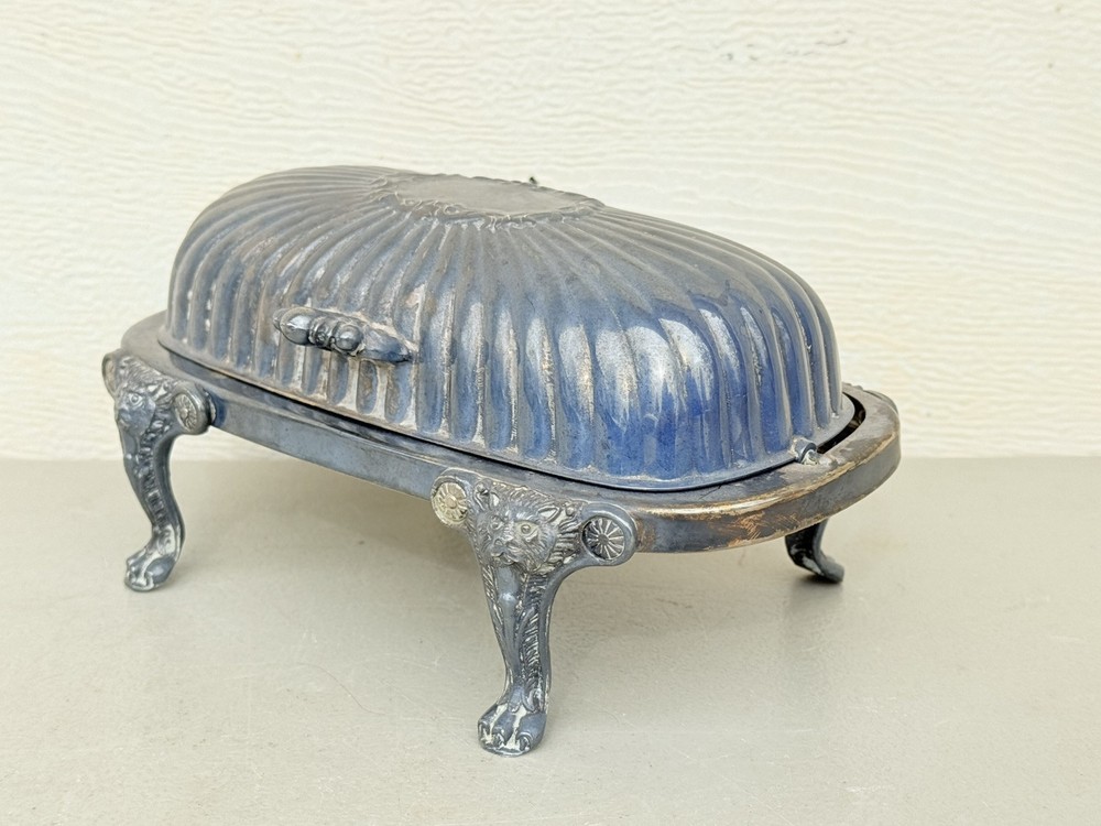 FB Rogers Silver Plated Roll Top Lion Head Claw Feet Covered Butter Dish